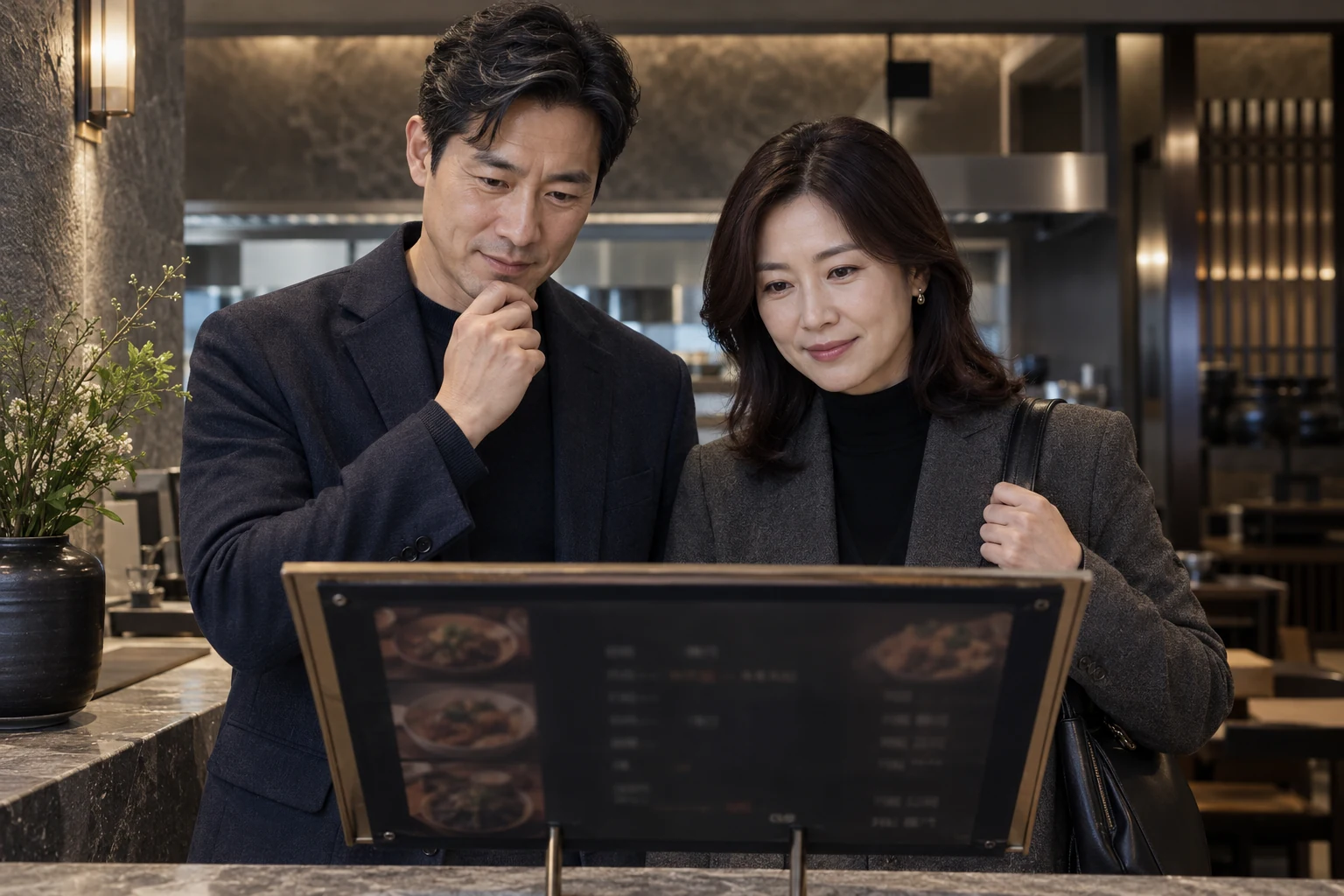 매장 메뉴판을 함께 살펴보는 40대 부부