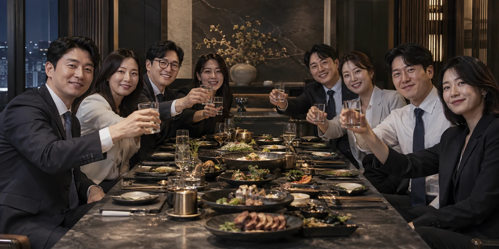 직장 동료들이 긴 테이블에 모여 건배하는 회식 장면